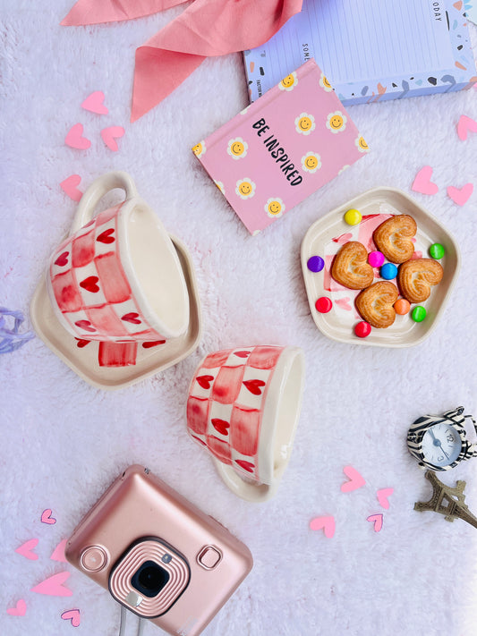 Red & White Checked Mug with Heart and Saucer - Handmade Ceramic Set