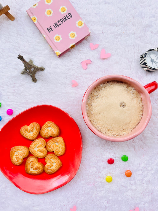 Red White Little Heart with Saucer- Handmade Ceramic Mug