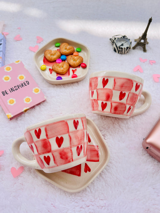 Red & White Checked Mug with Heart and Saucer - Handmade Ceramic Set